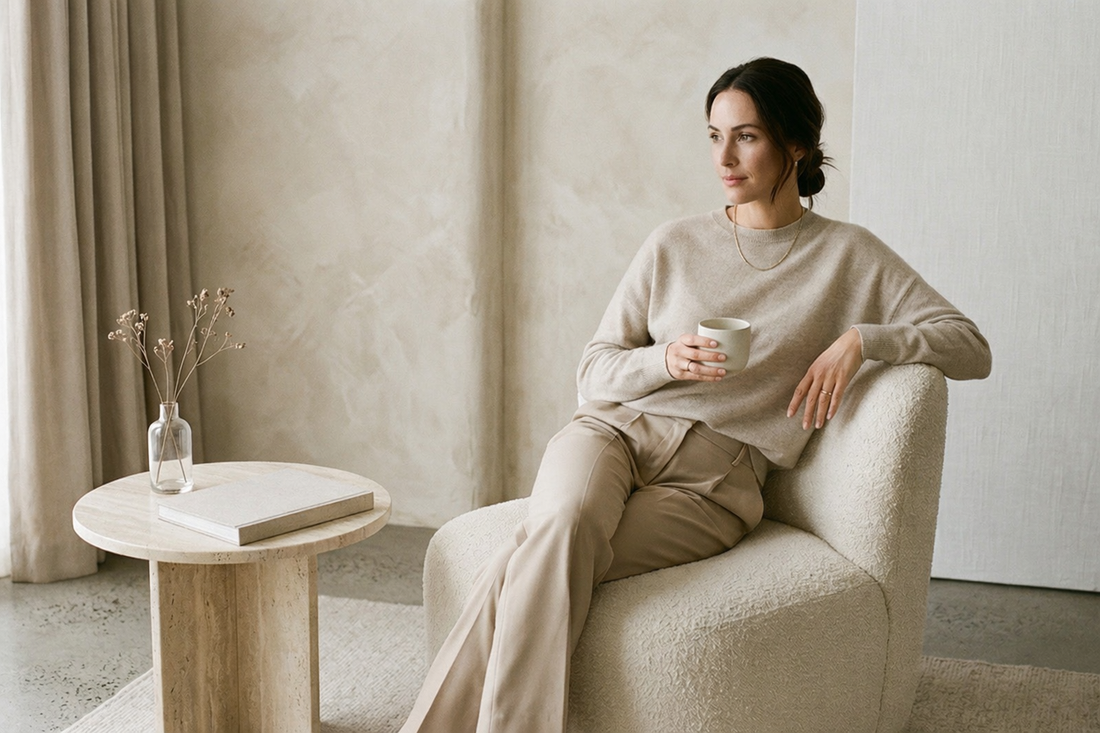 A minimal luxury lifestyle image representing OMYRTE’s brand identity. The visual shows a calm, elegant, and modern aesthetic with soft neutral tones, reflecting simplicity, refinement, and quiet luxury.